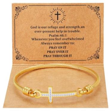 Imagem de DS Pulseira religiosa com cruz cristã, versículo bíblico, God is within her, She Will Not Cair, pulseiras inspiradoras para mulheres, joias de aço inoxidável, presente para filha, melhor amiga, 8.26IN
