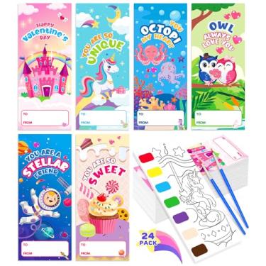 Imagem de Bstoyder Presentes de Dia dos Namorados para crianças, pacote com 24 cartões de dia dos namorados com mini conjuntos de pintura para crianças, livros de colorir em aquarela para escola, para sala de