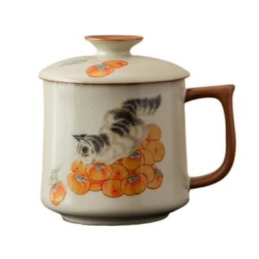 Imagem de Caneca moderna com tampa e alça de cerâmica de caqui gato fofo para casa, escritório, café, leite, chá, bebidas, utensílios para bebidas