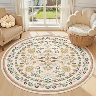 Imagem de UERMEI Tapete redondo de 1,8 m para sala de estar, 15 x 15 cm, lavável, vintage, floral, grande, macio, antiderrapante, tapete fino para quarto, sala de jantar, sala de jogos, escritório, decoração
