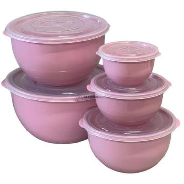 Imagem de Kit Conjunto Jogo de 5 Potes Rosa Plásticos Bowl Redondo Com Tampa Par