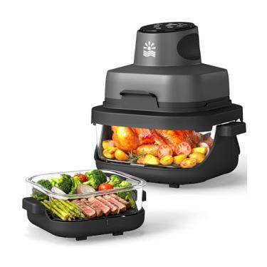 Imagem de Rellytech Fritadeira de vidro portátil de 1500 W 1,5 L e 6 xícaras com tampas, temporizador 4 em 1, temporizador de 60 minutos, ajustável até 400 C, micro-ondas, freezer e