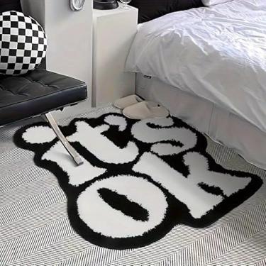 Imagem de Tapete de área preto e branco em forma de 'It's OK', tapete boho moderno macio felpudo para quarto, decoração de sala de estar, cobertura de chão de cabeceira de cadeira