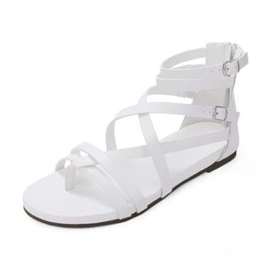 Imagem de Luffymomo Sandálias femininas com tira gladiadora rasteira de pescador com tiras cruzadas, Branco-B, 40