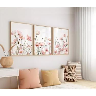 Imagem de 3 peças de impressão de arte de parede flores silvestres rosa pôster imagens botânico floral tela pintura de parede para decoração de quarto de menina escritório em casa com moldura interna
