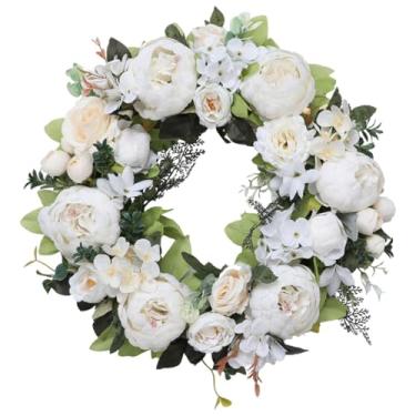 Imagem de Fenteer Guirlanda de peônias artificiais, ideal para porta de entrada, arranjo floral para casamento, Branco