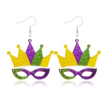 Imagem de Brincos pendentes de carnaval para mulheres com coroa de glitter colorido chapéu de bobo da corte máscara brincos de borla joias de carnaval para mulheres brincos de máscara de carnaval acessórios