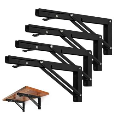 Imagem de Suportes de prateleira dobráveis – Suporte de prateleira dobrável de metal resistente para mesa de banco, dobradiça de prateleira montada na parede Suporte faça você mesmo, carga máxima: 68 kg (25 cm, 4 peças, preto)