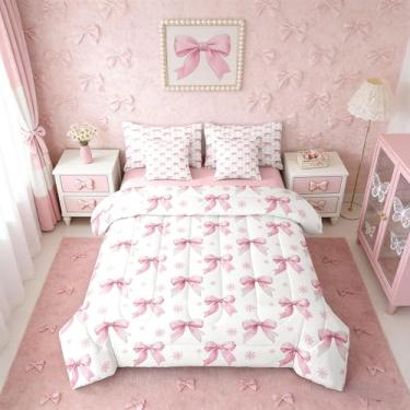 Imagem de Erosebridal Conjunto de edredom completo com laço rosa para meninas | Conjunto de cama kawaii com laço infantil em uma bolsa para quarto, conjunto de cama kawaii, com edredom, decoração de quarto