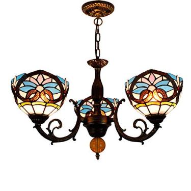 Imagem de Lustre Tiffany com suporte, estilo Tiffany, vitrais com motivos de uvas, cúpulas para luminárias pastorais, lustre de 3 braços com pendente de teto invertido.