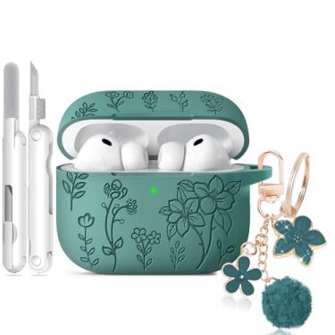 Imagem de Capa para Airpods Pro 3, capa com gravação floral compatível com AirPods Pro 3ª geração 2025, capas de silicone macio com chaveiro fofo e limpador para mulheres femininas, à prova de choque