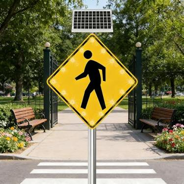 Imagem de Sinal de passagem de pedestres LED solar de 61.0 cm - Luz de aviso intermitente, sinal de trânsito de alumínio à prova de intempéries (60 x 60 cm, 2 peças) - Alerta de faixa de pedestre segura para