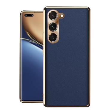 Imagem de LYJSMGZ Capa de couro genuíno para Samsung Galaxy S25 Ultra/S25 Plus/S25, lente totalmente fechada com design de moldura galvanizada, capa à prova de choque, azul, S25 Ultra
