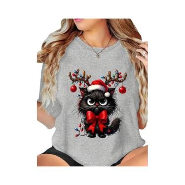 Imagem de Camiseta Feminina De Natal Com Estampa De Gato, Adorável, Para Festas,