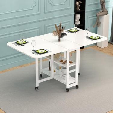 Imagem de Mesa de jantar dobrável, mesa de jantar dobrável, mesa de jantar de madeira com 6 rodas, 2 prateleiras de armazenamento abertas, mesa de cozinha extensível móvel para economia de espaço (cor: Estilo 4