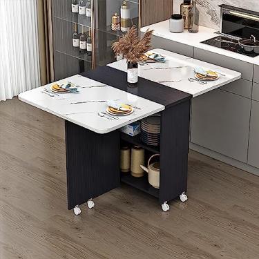 Imagem de Mesa de jantar móvel dobrável, mesa de jantar versátil com 6/8 rodas e 2 prateleiras de armazenamento, mesa de folhas suspensas para mesa de jantar com economia de espaço pequeno para cozinha, sala de