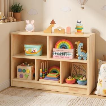Imagem de PTINFLUCE Prateleira Montessori de madeira de borracha, organizador de armazenamento de brinquedos de madeira para livros, estante com 2 prateleiras, armário de armazenamento de 5 seções, prateleira