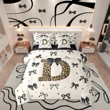 Imagem de Conjunto de cama casal com laço preto, letra D, 7 peças, laço sonhador, estrelas, marrom, com edredom, conjunto de lençóis, fronhas e fronhas, decoração de quarto com laço feminino