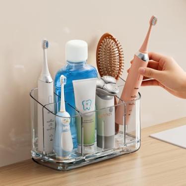 Imagem de Suportes de escova de dentes para banheiros, 5 compartimentos, suporte de escova de dentes elétrico montado na parede com divisor ajustável, organizador de bancada de banheiro removível com bandeja de