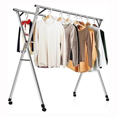 Imagem de LaYiQimn A-2,4 m Airer de roupas dobrável, cabide para secadora de roupas de aço inoxidável com ganchos à prova de vento, suporte retrátil para roupas econômico de espaço