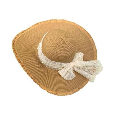 Imagem de Chapéu De Palha Feminino De Aba Larga Estilo Francês Com Laço De Renda