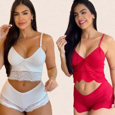 Imagem de Kit 2 Conjuntos Lingerie Canelado Confotavél Delicado Sem Bojo Shorts 