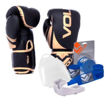Imagem de Kit Boxe Muay Thai Luva 10Oz Dourado + Protetor Bucal + Bandagem Azul 