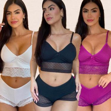 Imagem de Kit 3 Conjuntos Canelado Sem Bojo Renda Sem Ferrinho Revenda Atacado -