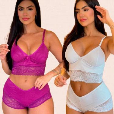 Imagem de Kit 2 Conjuntos Lingerie Canelado Confotavél Delicado Sem Bojo Shorts 