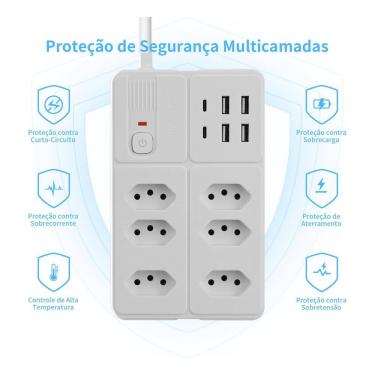 Imagem de Extensão 6 Tomadas 4 Usb 2 Type-c Proteção Infantil Bivolt WKC-HY502-WD