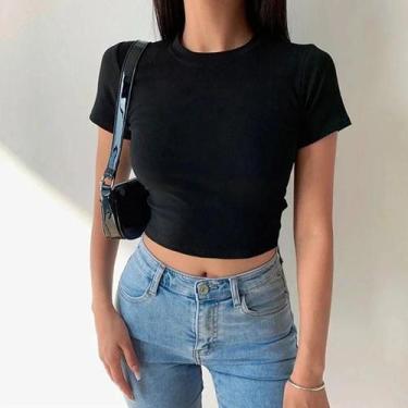 Imagem de Camiseta Cropped Feminina De Manga Curta, Básica E Casual, Em Preto E 