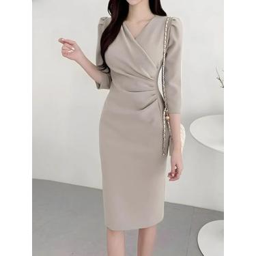 Imagem de Vestido Bodycon Feminino Sexy - Decote V, Manga 3/4, Cor Sólida, BR-M,