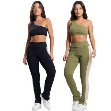 Imagem de KIT 2 Conjunto Fitness Top e Calça Canelado Serra e Mar Poliamida Assimétrico Fitness M...