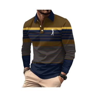 Imagem de Camisa Polo Listrada De Manga Longa Para Homens, Com Botão De Alta Qua