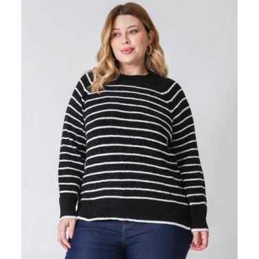Imagem de Suéter Plus Size Feminino Chenille Listrado Marisa Preto, G1, Preto