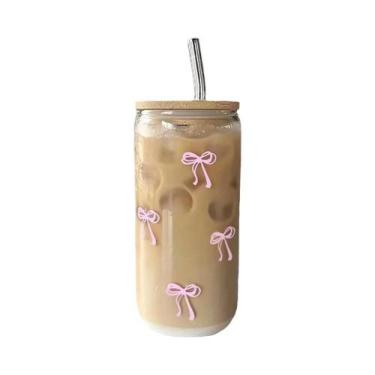 Imagem de Copo De Vidro Com Laço Fofo De 500ml, Garrafa De Água Tipo Mason Jar C