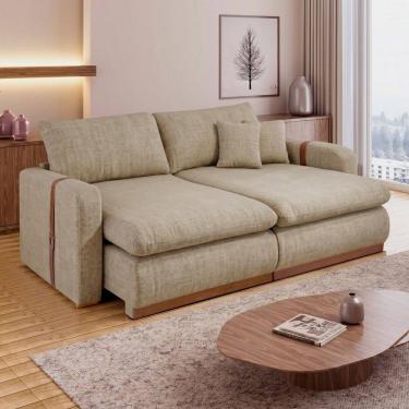 Imagem de Sofá Cama Retrátil e Reclinável 2 Lugares Pés Madeira Maciça 210Cm França Yescasa Bege