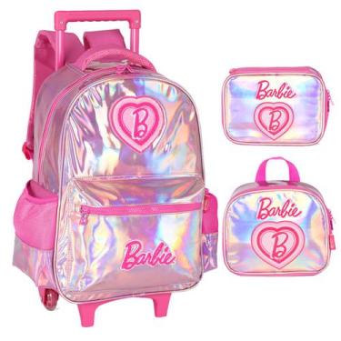 Imagem de Kit Mochila de Rodinha Barbie Holografico Lancheira Estojo - Luxcel