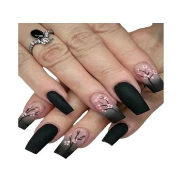 Imagem de Unhas Postiças Acrílicas Curtas Quadradas Pretas Brilhantes Com Gradie