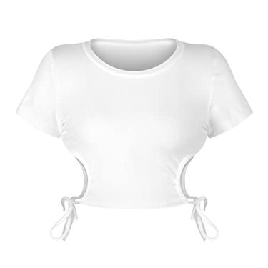 Imagem de Camiseta feminina sexy com gola redonda e manga curta com amarração lateral (Color : White, Size : S)