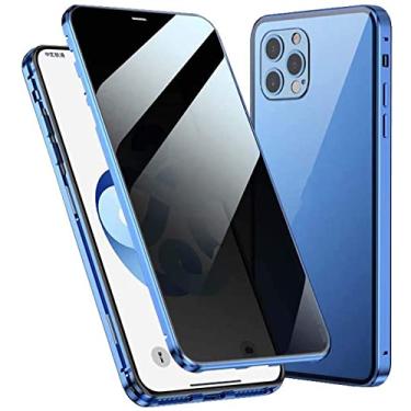 Imagem de KKFAUS Capa de telefone bumper de metal de vidro temperado de dupla face, para Apple iPhone 13 Pro (2021) capa magnética anti-peep de 6,1 polegadas (cor: azul)