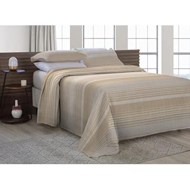 Imagem de Cobre Leito Queen Com Fronhas 3 Peças Tecido Piquet Algodão Listrado Bege e Palha