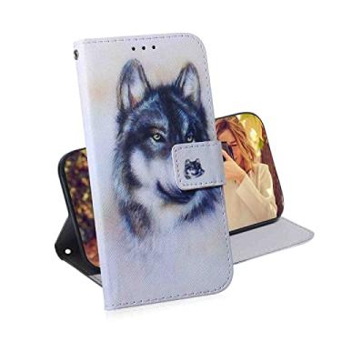 Imagem de MojieRy Capa de telefone tipo carteira para Motorola Moto G Power {Ver.3}, capa fina de couro PU premium para Moto G Power, 2 compartimentos para cartão, bela capa, lobo branco