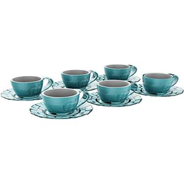 Imagem de Kit Xícaras 80ml com Pires, Azul Turquesa Transparente, 6 unidades, Crippa
