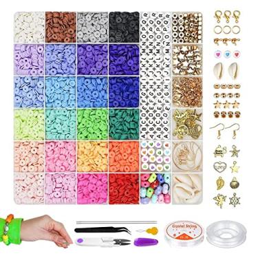 Imagem de Kit de Fabricação de Pulseiras - Fabricação de Pulseiras de 24 Cores - Contas espaçadoras de contas redondas planas com kit de pingente e cordões elásticos para fazer joias kit de pulseiras Lereca