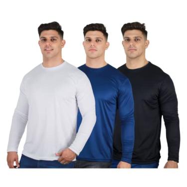 Imagem de Kit 3 Camisetas Masculinas Segunda Pele Térmica 50 UV Dry Cor:1 Branca, 1 Preta, 1 Marinho;Tamanho:M