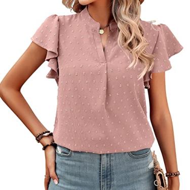 Imagem de Camiseta feminina casual de manga curta, verão com babados camisetas femininas chiffon decote em V pulôver leve, rosa, P (busto: 97 cm)