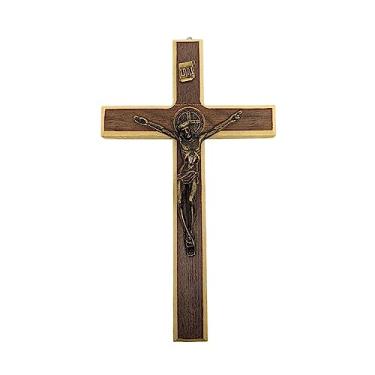 Imagem de Cruz Crucifixo de Parede Madeira Metal Com Medalha de São Bento Para Pendurar em Porta 23cm