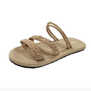 Imagem de Chinelo inferior de linho para meninas sandálias praia casual palha para mulheres chinelos sapatos casuais femininos mocassins com cadarço (bege, 7,5)