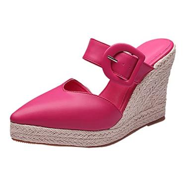 Imagem de Sandálias de cunha para mulheres sola grossa chinelos femininos verão salto palha tecido casual pontiagudo pescador sapatos de couro (rosa choque, 8)